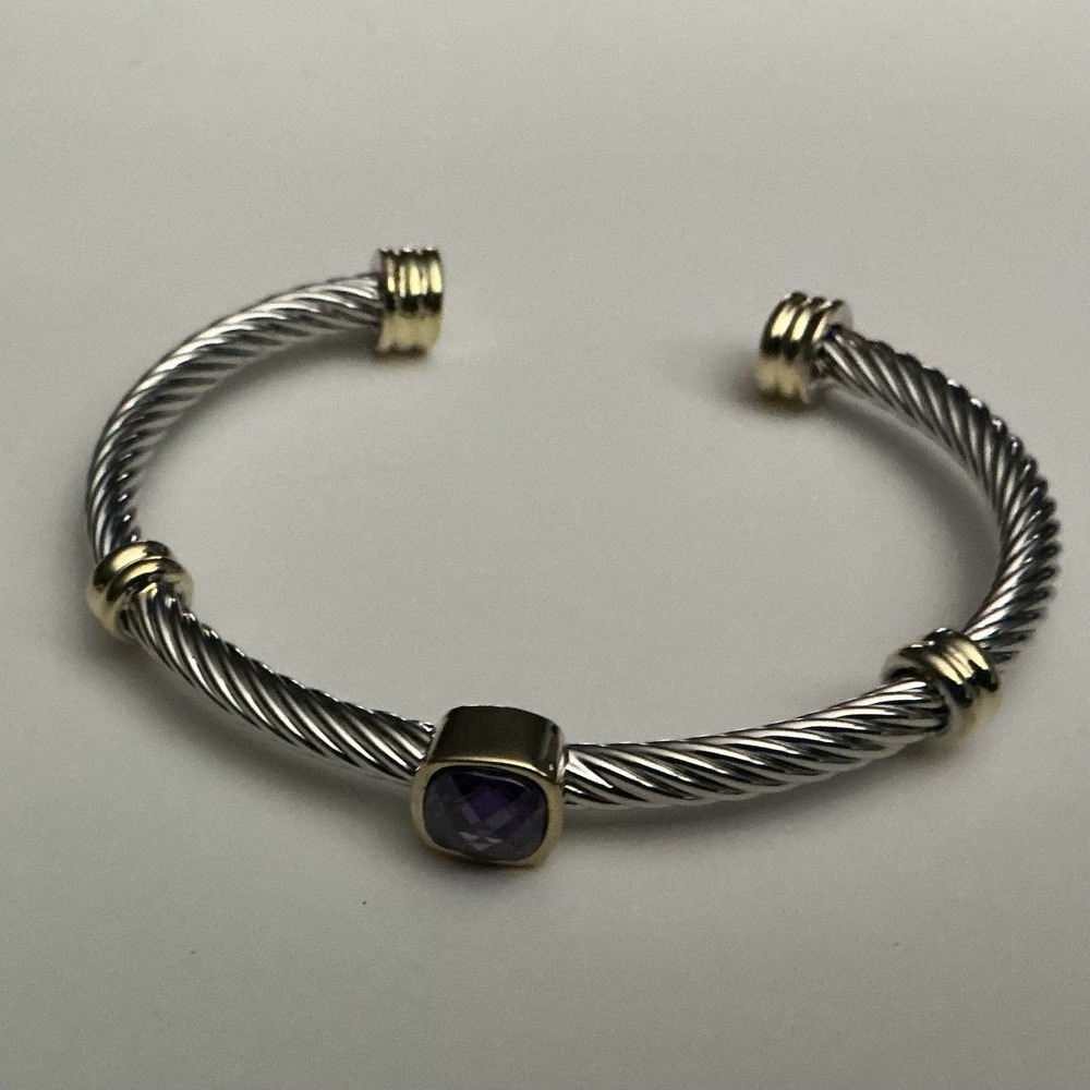 Natural Amethyst Cable Cuff Bracelet Two Tone Gold Plated Brass Waterproof